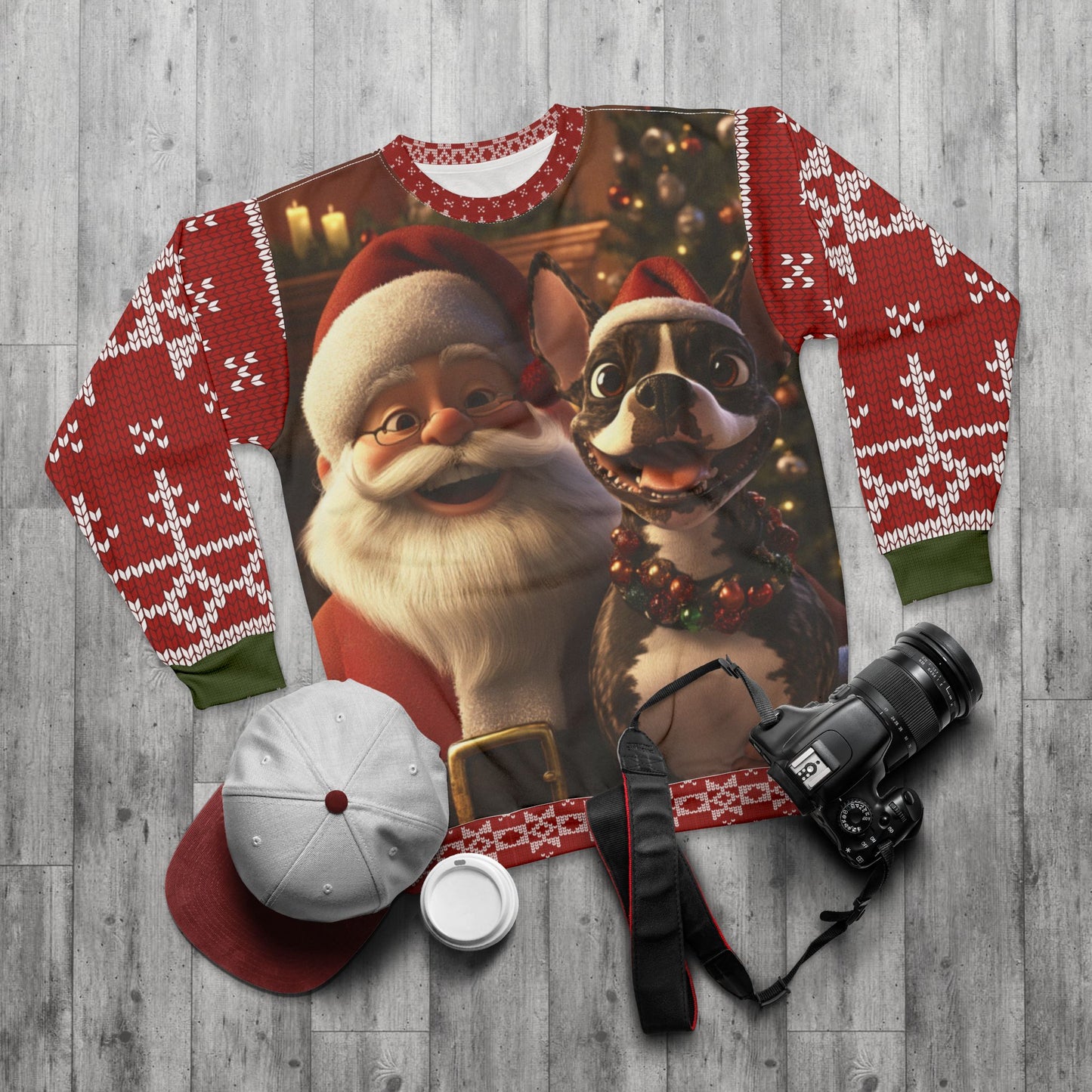 Santa and Boston Terrier - All Over Print-Ugly Christmas Sweater