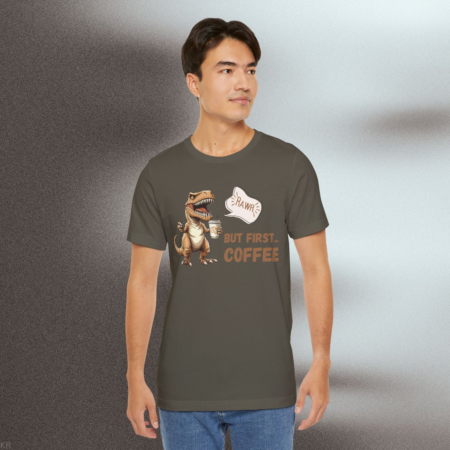 Coffee Lovers T-Shirt - Roaring T-rex - BUT FIRST COFFEE