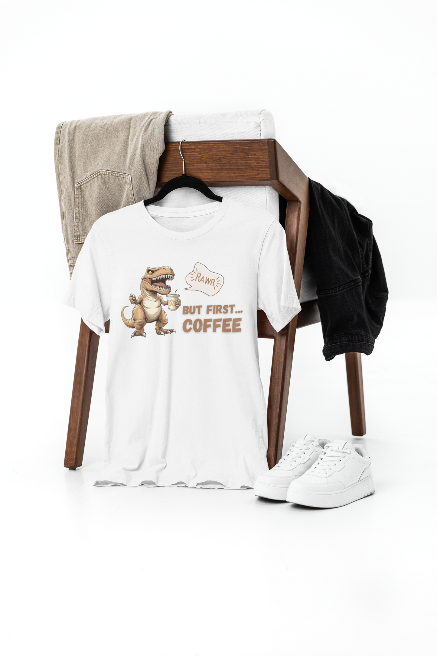 Coffee Lovers T-Shirt - Roaring T-rex - BUT FIRST COFFEE