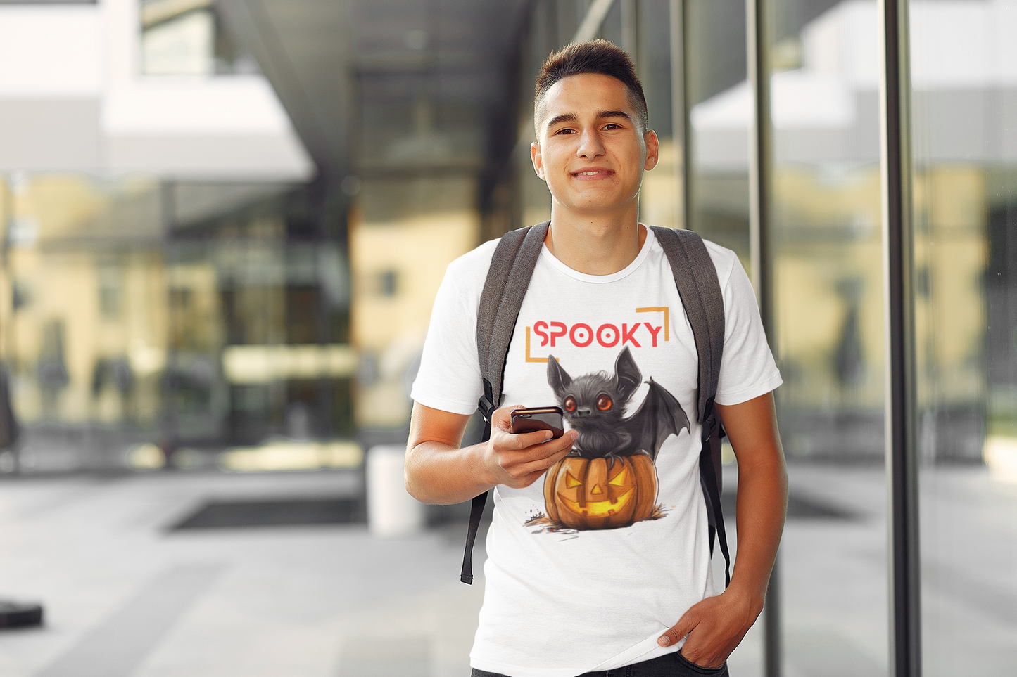 Look Fangtastic in this Spooky Bat and Pumpkin Halloween T-shirt!