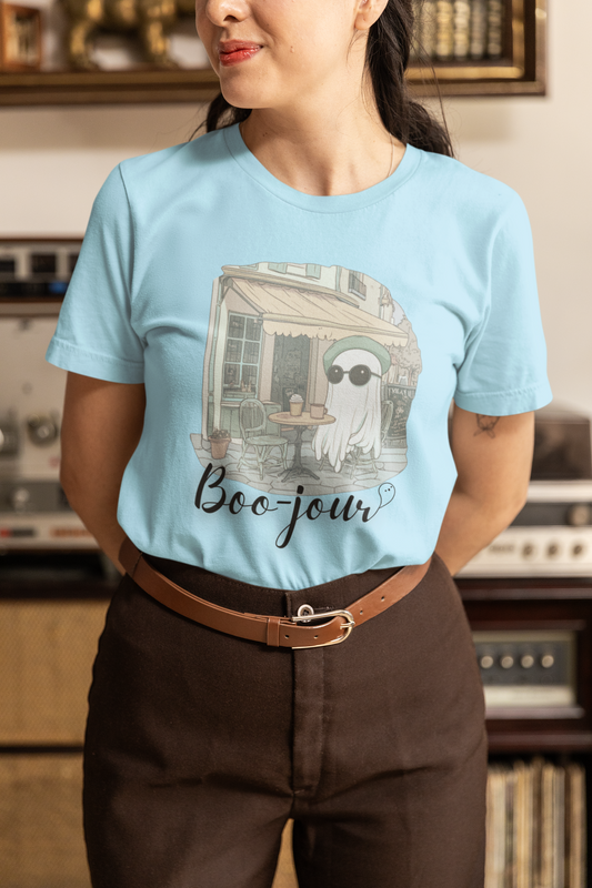 Boo-jour Ghost T-Shirt for Halloween or year round!